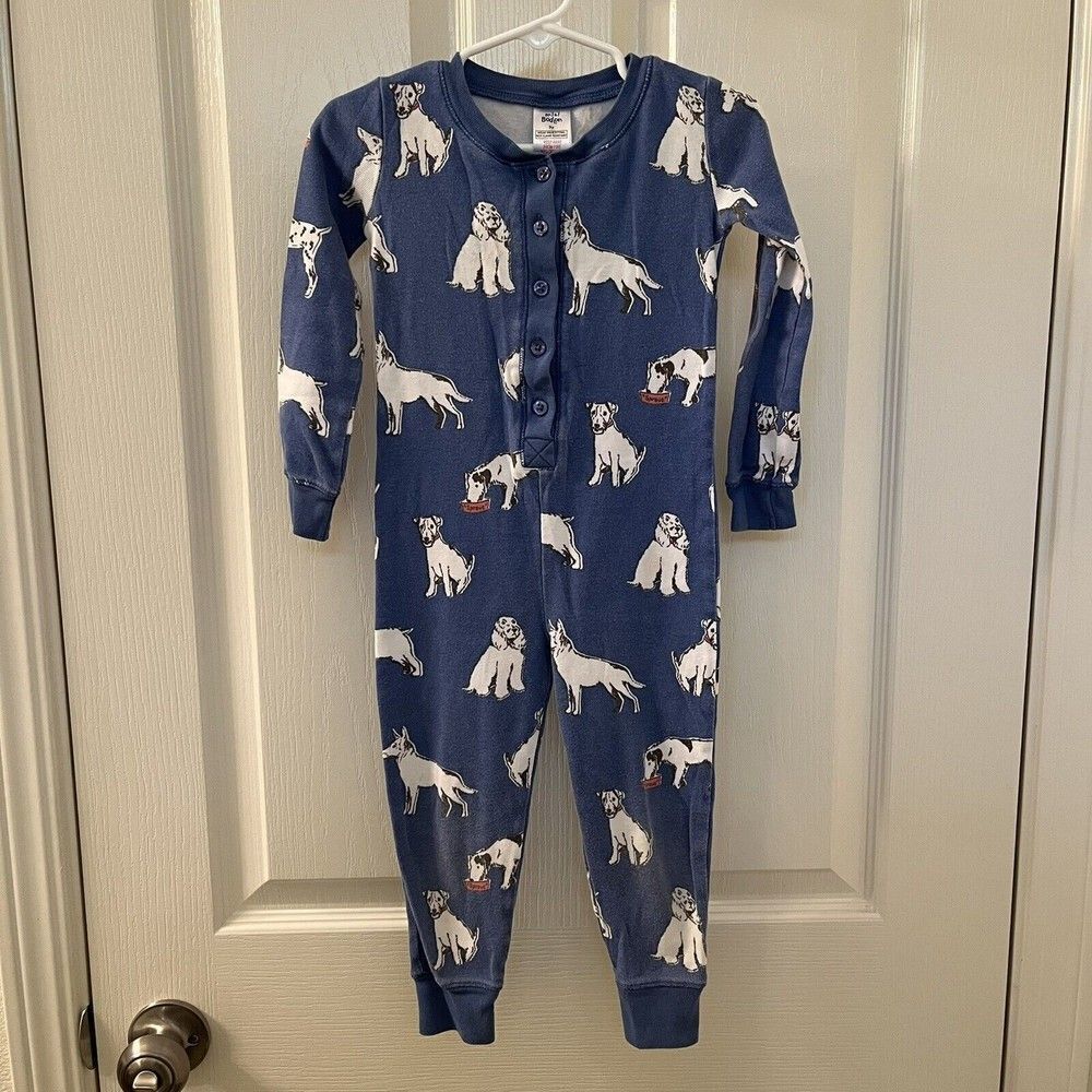 Mini Boden One Piece Footless Pajamas Blue Dog Sprout Button Front Size 3 years